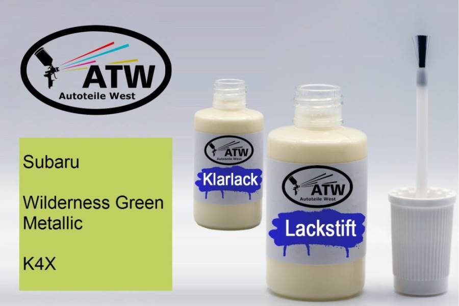 Subaru, Wilderness Green Metallic, K4X: 20ml Lackstift + 20ml Klarlack - Set, von ATW Autoteile West.